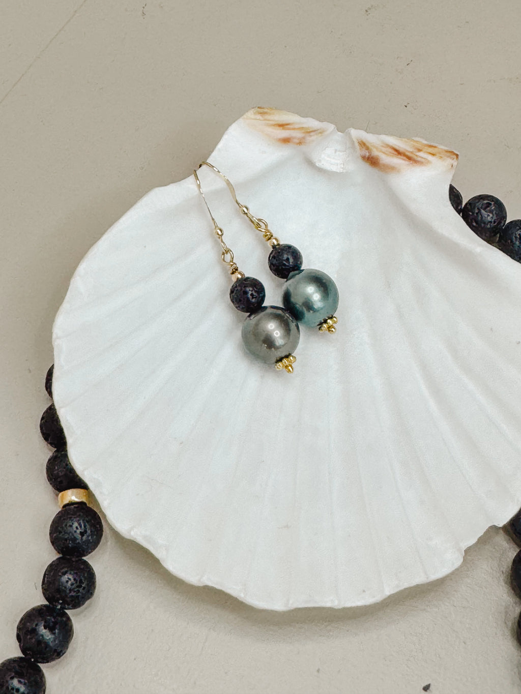 tahitian pearl necklace with lava & vintage trade beads from Tibet