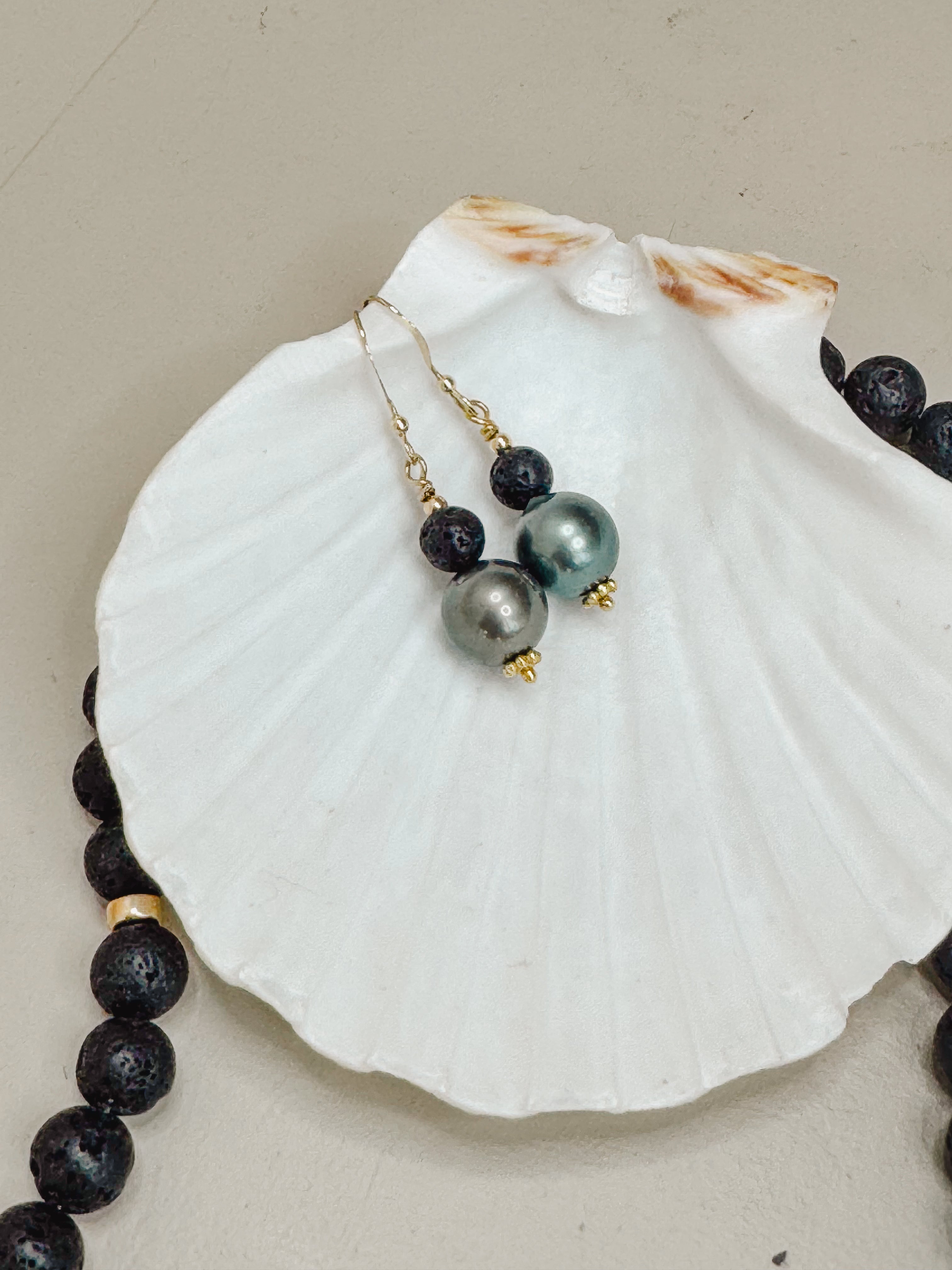 tahitian pearl necklace with lava & vintage trade beads from Tibet