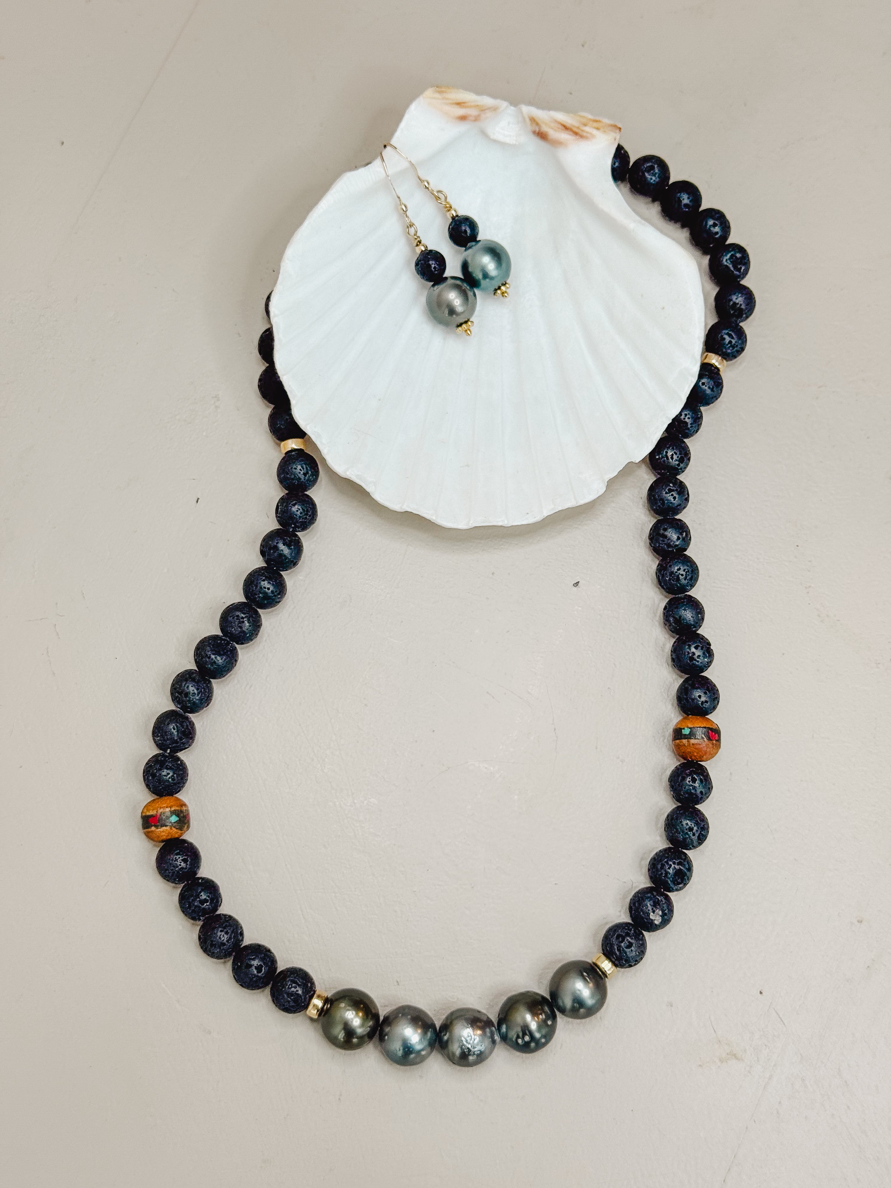 tahitian pearl necklace with lava & vintage trade beads from Tibet