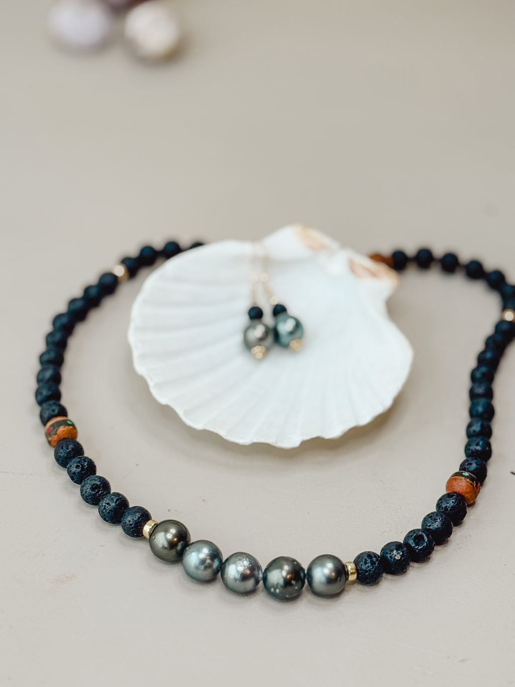 tahitian pearl necklace with lava & vintage trade beads from Tibet