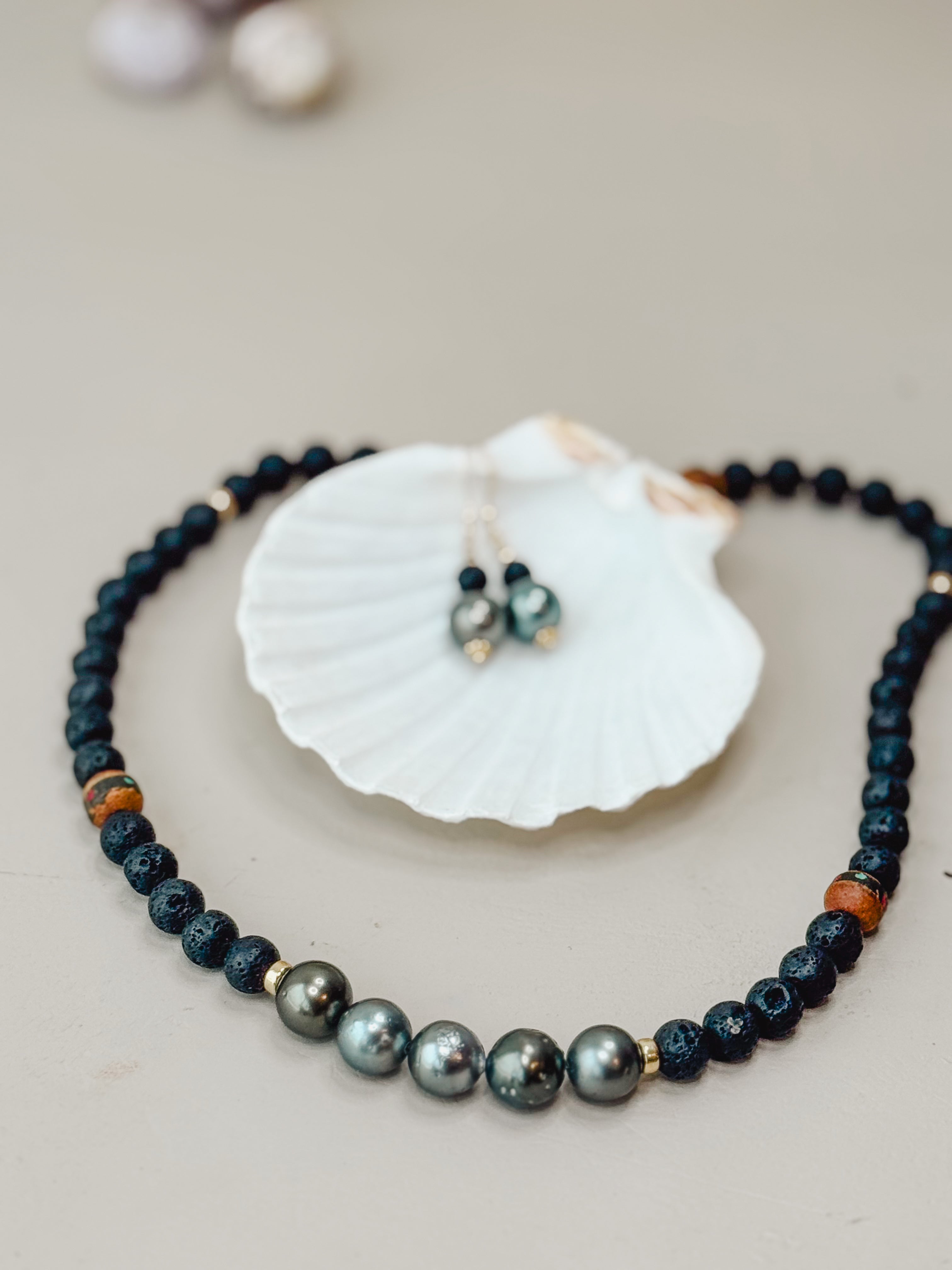 tahitian pearl necklace with lava & vintage trade beads from Tibet