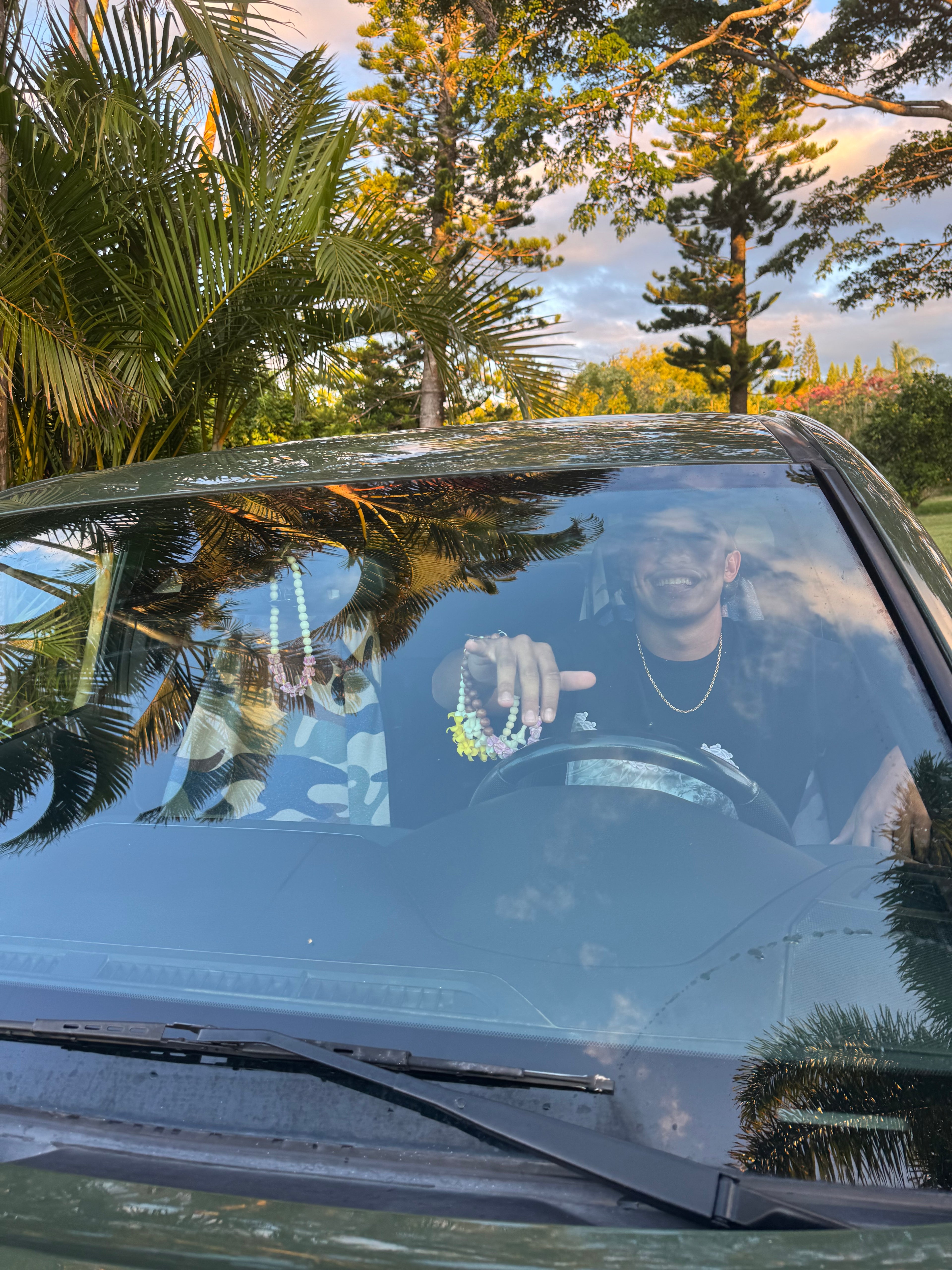 purple crown flower car mirror lei