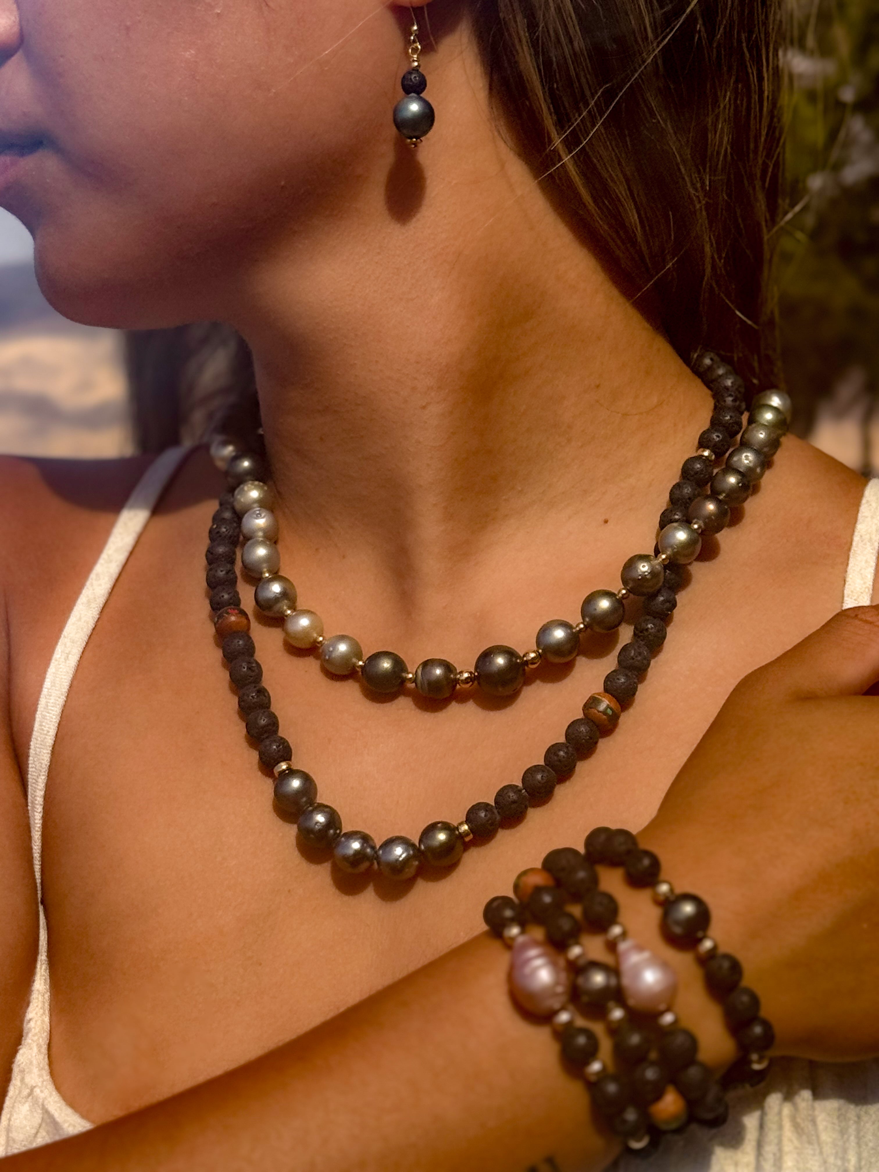 tahitian pearl necklace with lava & vintage trade beads from Tibet